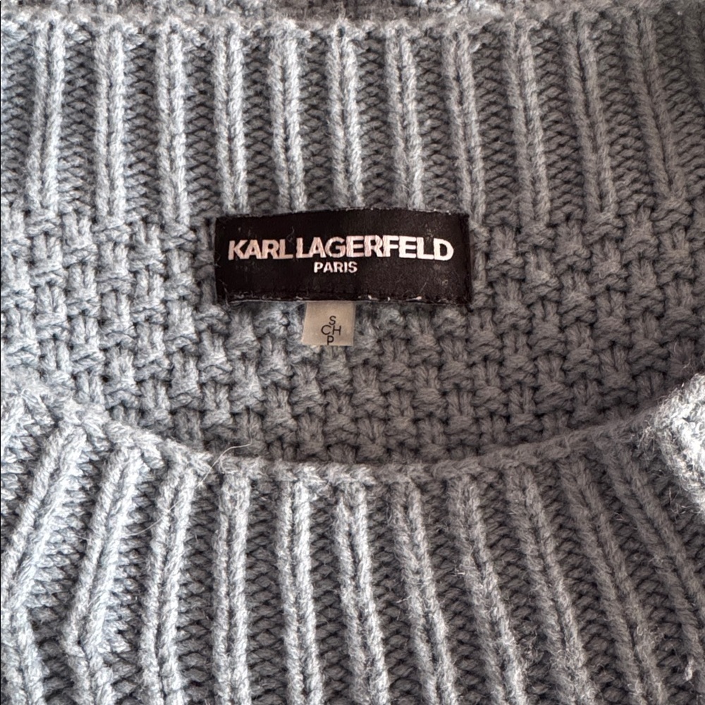 Karl Lagerfeld sky blue ribbed basket weave twisted rope pattern knit sweater. S - Picture 5 of 6